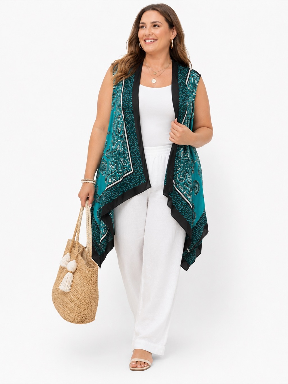 Michael Kors 3X Paisley Kimono Cardigan Teal Black Open Front Duster Plus Size